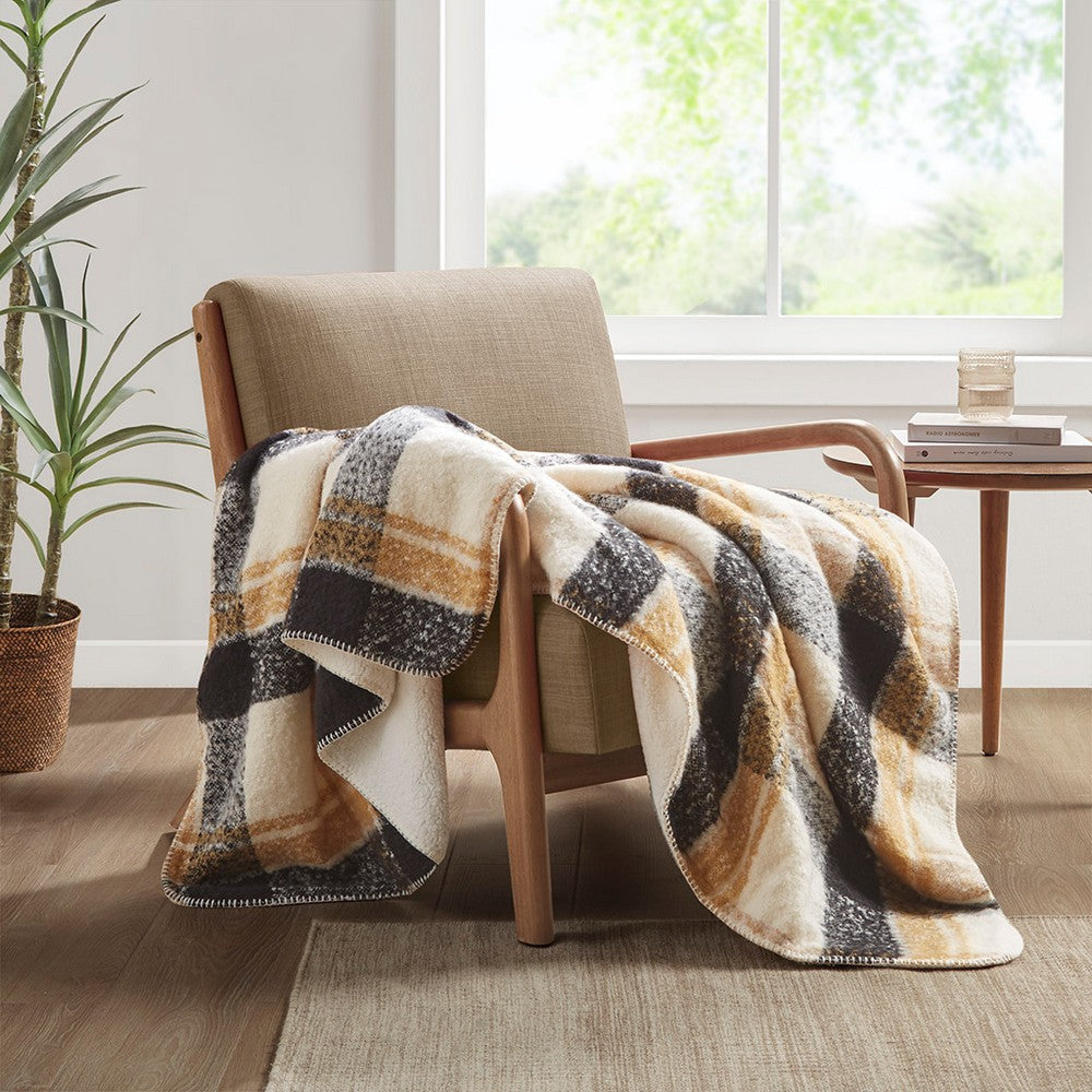 Throw Blanket, Tan Plaid, Cream Faux Mohair Face & Sherpa Reverse