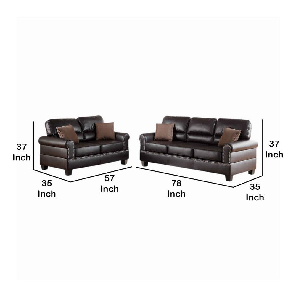 2 Pc Sofa and Loveseat Set Espresso Brown Faux Leather Nailhead Trim PDX-F7878