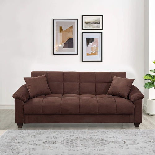 Adjustable Sofa | 84" | Cube Patterned Seat | Pillows | Brown Microfiber