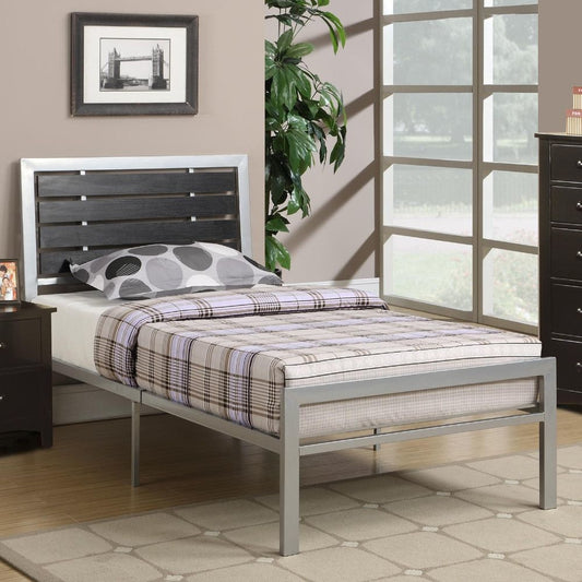 Chic Wooden Full Bed With Black Wood Panel Headboard, Silver