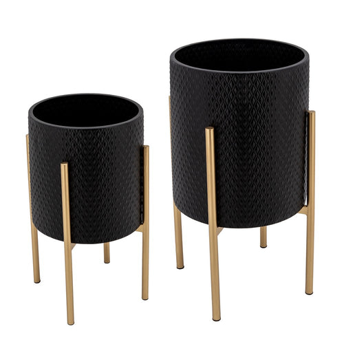 Set of 2 Indoor Outdoor Flower Planters on Gold Metal Stands | Black Iron