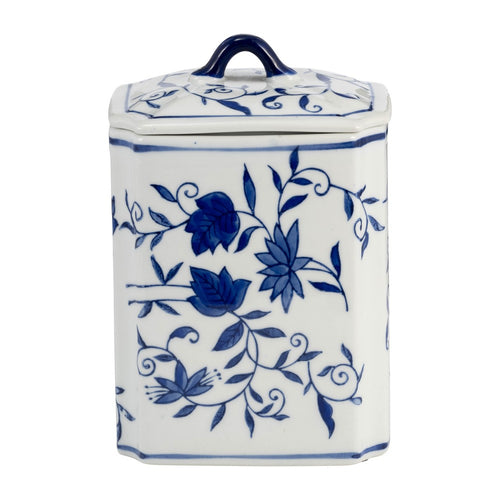 Decorative Jar with Squared Lid | Blue & White Floral Ceramic 9"
