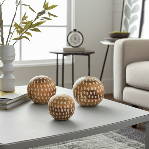 Decorative 3pc Wood Ball Set | Natural Brown Dotted Accent Mango Wood