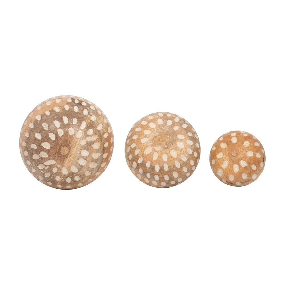Decorative 3pc Wood Ball Set | Natural Brown Dotted Accent Mango Wood