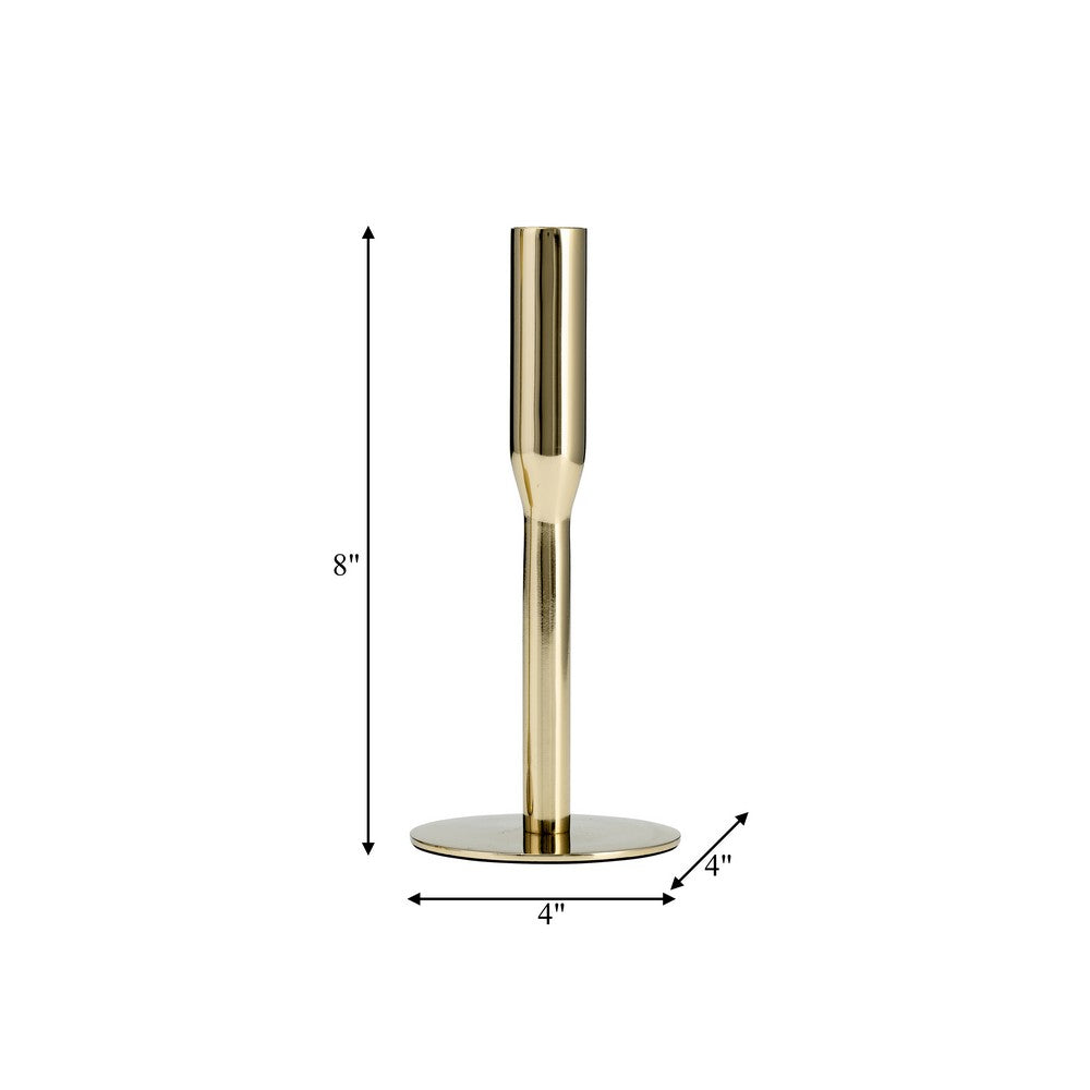Modern Taper Candle Holder | 8" Tall | Round Flat Base Gold Iron