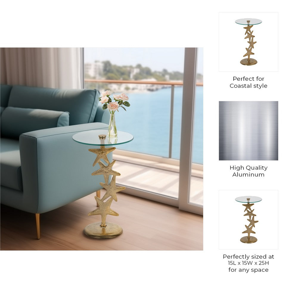 Coastal Starfish Accent Side End Table | 15" Round Glass Top | Gold