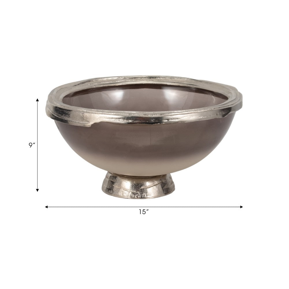 Decorative Bowl | Taupe Nickel Glass w Silver Aluminum Base | 15"