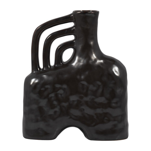 Antique Decorative Flower Vase | Artistic Handles | 12" Black Ceramic