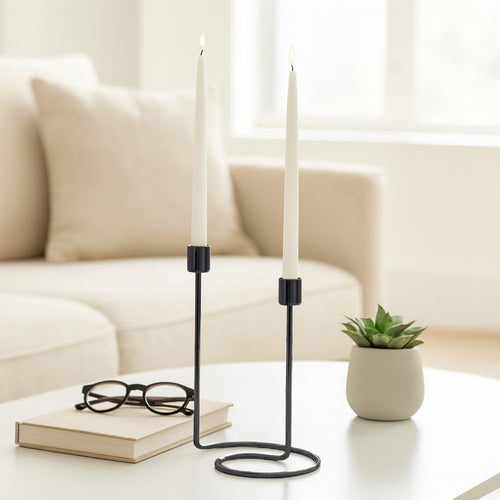 Modern Style Dual Taper Candle Holder | Swirled Base Black Iron | 8"