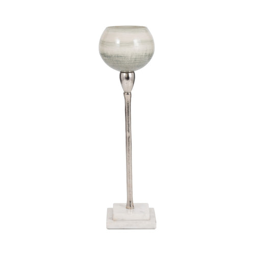 Kaio Votive Candle Holder | Silver Stem Sage Glass | White Marble | 17"