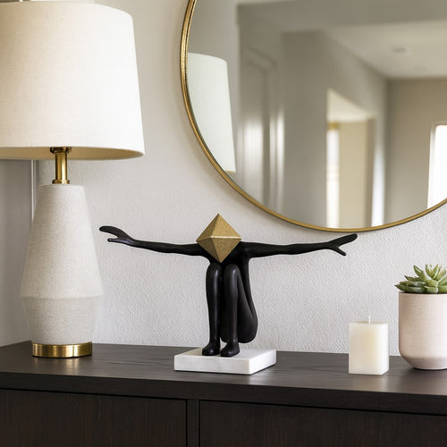 Open Arm Man Decorative Tabletop Sculpture | 13" Black | White Marble