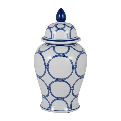 Temple Jar w Lid | Luxury Blue Chain Link Pattern | 18" White Ceramic