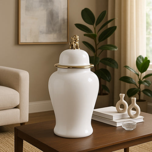 Classic Temple Jar | Gold Accent Lion Head Lid | 24" Glossy White Ceramic