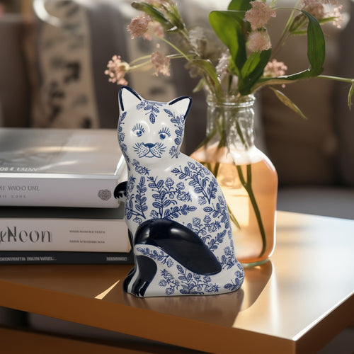 8" Traditional Sitting Cat Sculpturette | Blue White Chinoiserie Design