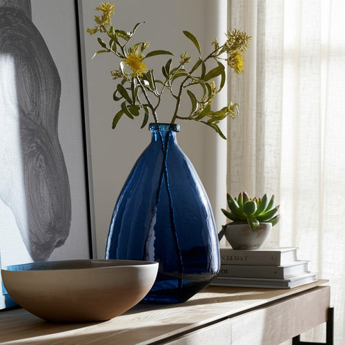 Decorative Vase | Pottery Style Balloon Shape | Blue Glazed Glass 19"