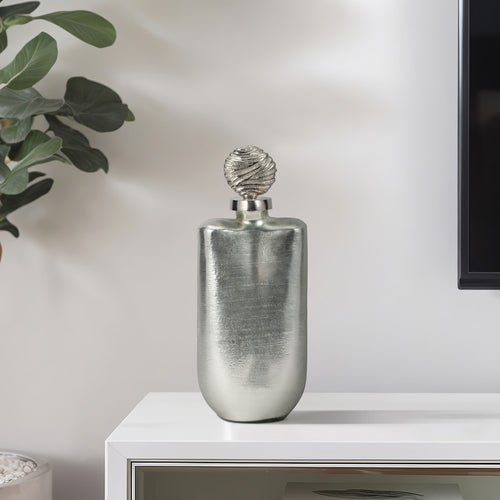 Metallic Bottle Tabletop Decor w Round Topper | 16" | Silver Aluminium