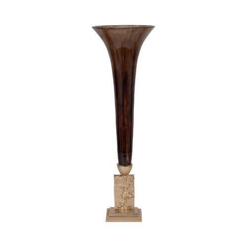 Decorative Accent Trumpet Floor Vase | Brown Glass | 31" Gold Base