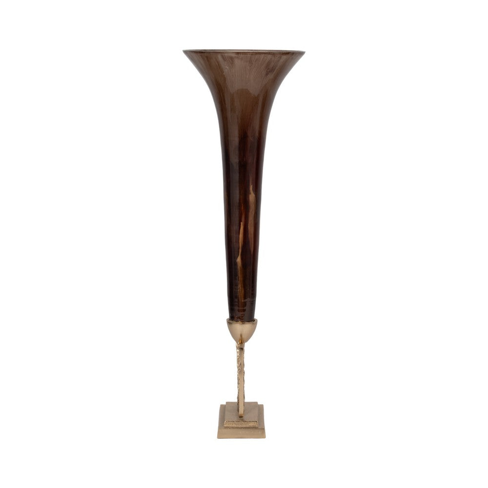 Decorative Accent Trumpet Floor Vase | Brown Glass | 31" Gold Base