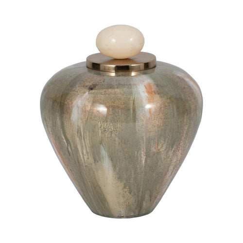 Decorative Temple Vase with Ornate Egg Shaped Topper | 9" Blush Green