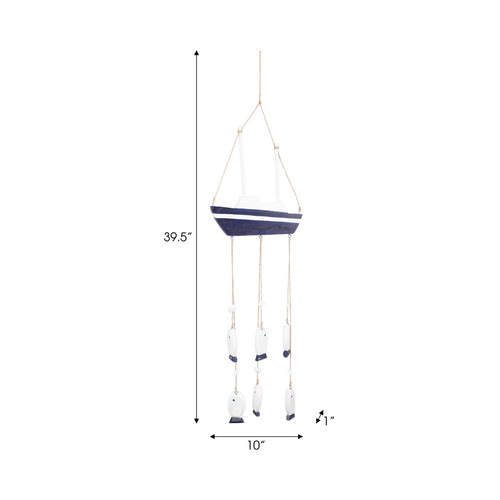 Decorative Sailboat Wind Chime w Hanging Blue Fish | Jute Accent | White