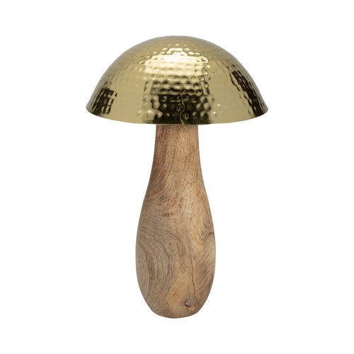 Mushroom Decor Sculpture | Hammered Gold Top | 16" Brown Mango Wood
