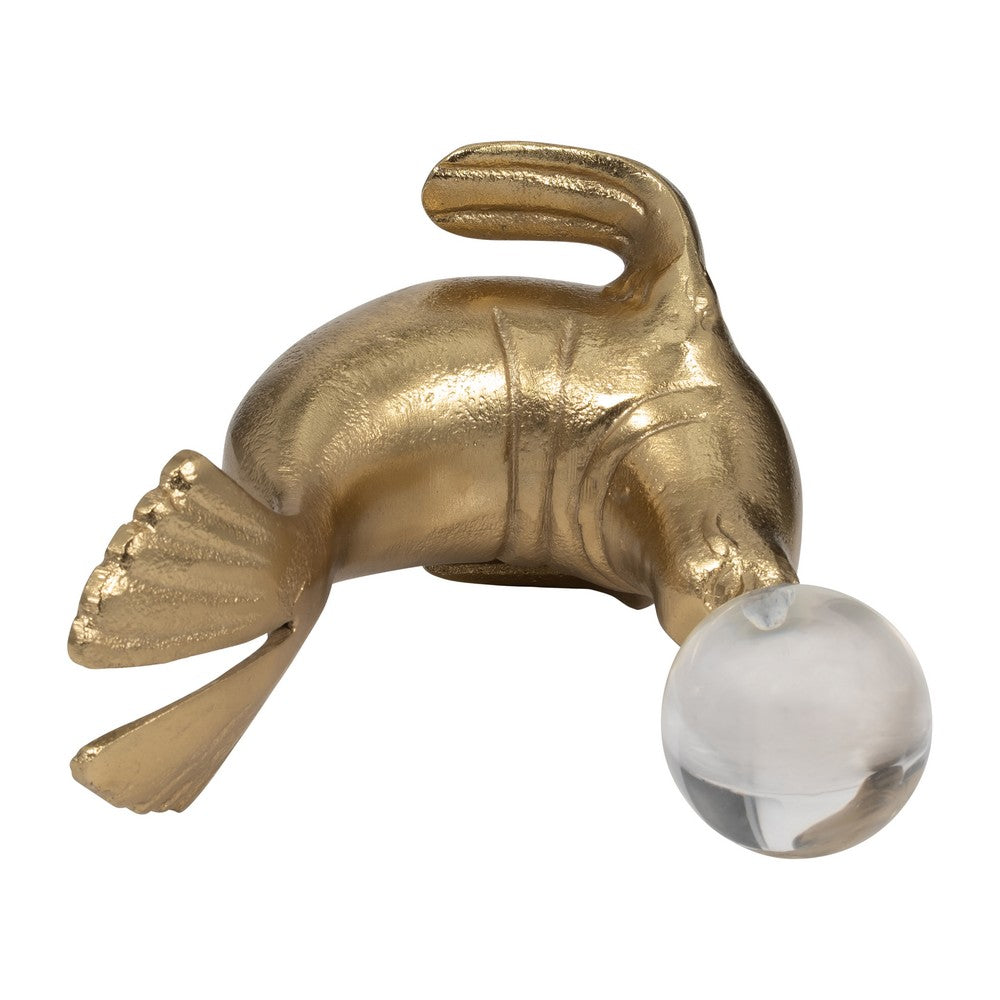 Sea Lion Figurine w Acrylic Orb | Coastal Style Gold Aluminum | 7"