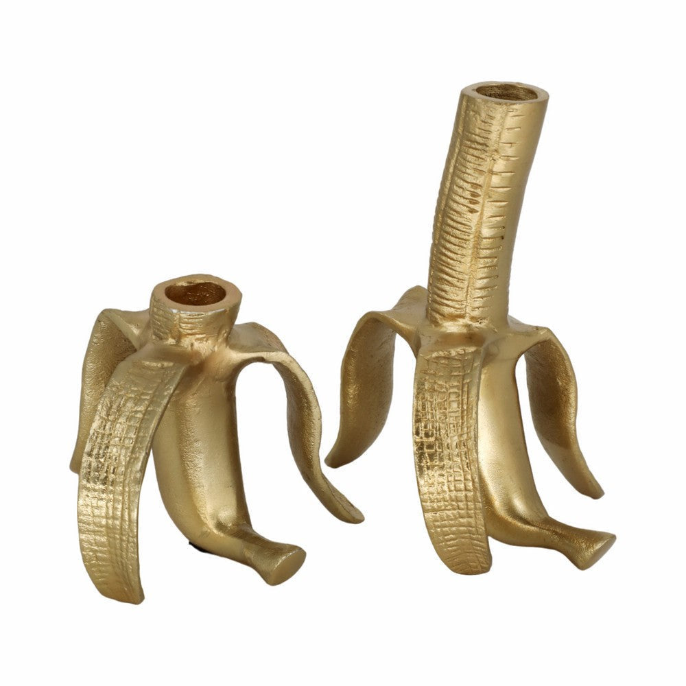 Decorative Taper Candle Holder Set of 2 | Gold Aluminum Banana Design SBH-18923
