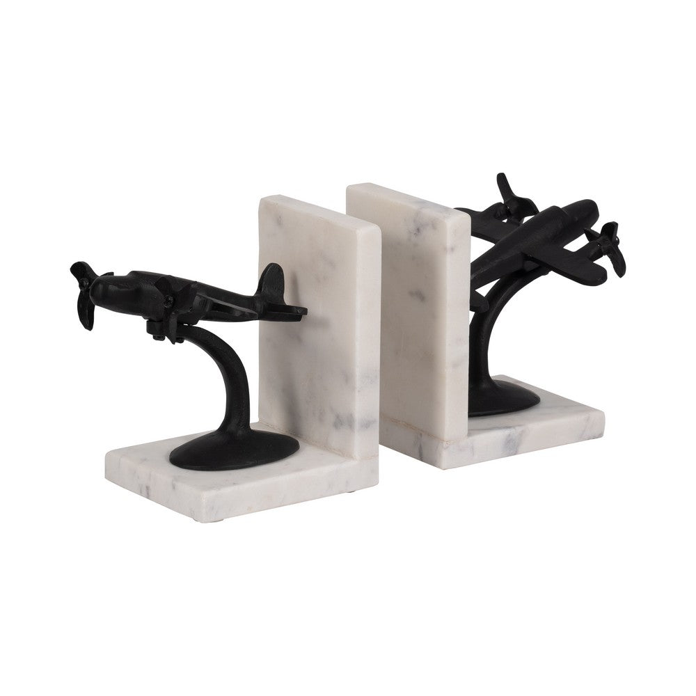 Vintage Airplane Bookend Set of 2 | White Marble Base | Black Metal | 6"