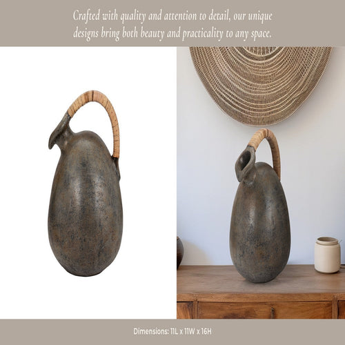 Jug Vase w Woven Rattan Handle | Rustic Black & Brown Terracotta