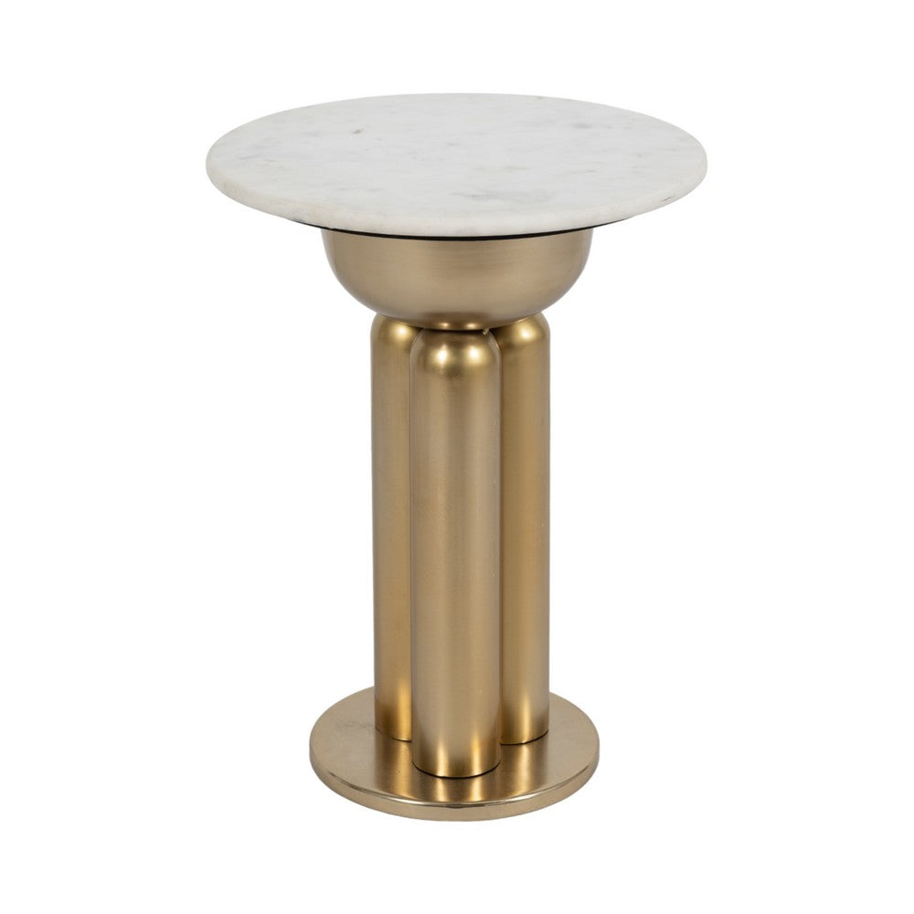 Accent Side End Table | 16" Round White Marble Top | Gold Iron Base