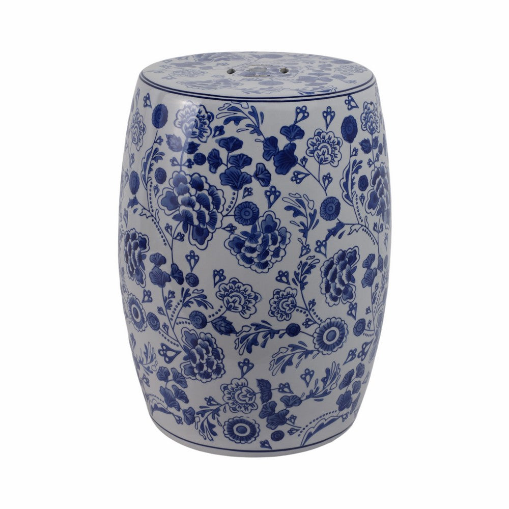 Outdoor Garden Barrel Accent Stool | 17" Classic Blue White Chinoiserie