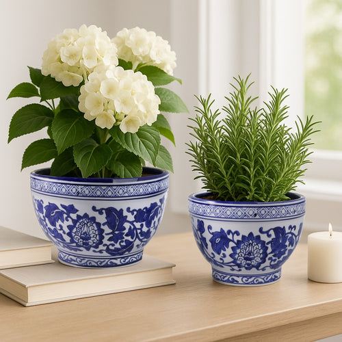 Classic Decorative Bowl Planter Set of 2 | Blue White Chinoiserie Ceramic