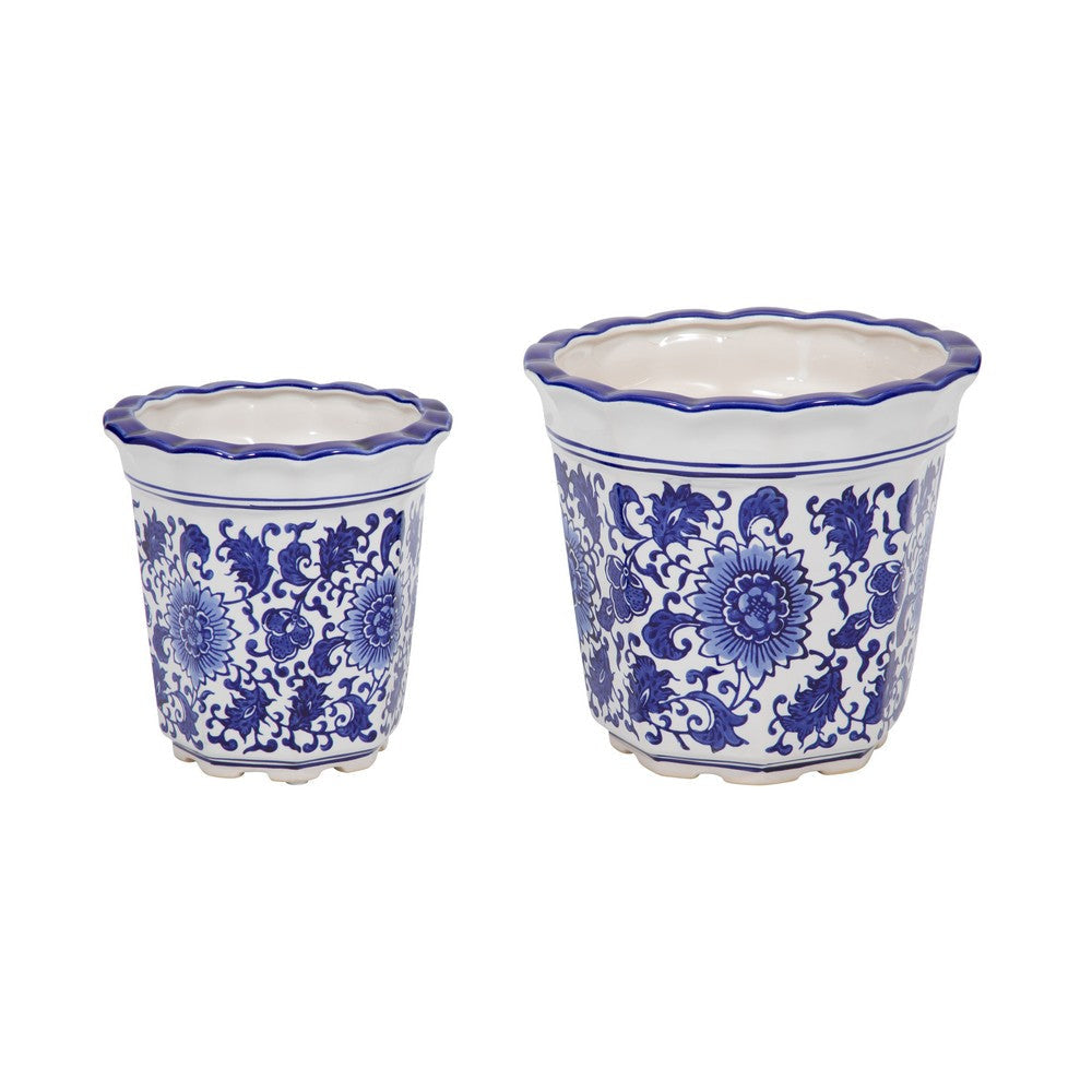 Classic Ceramic Pot Planters Set of 2 | Scalloped Rim Design | Blue & White SBH-19141