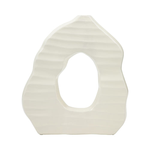 Open Cut Out Decorative Flower Vase | 14" | Ribbed Ivory Ceramic