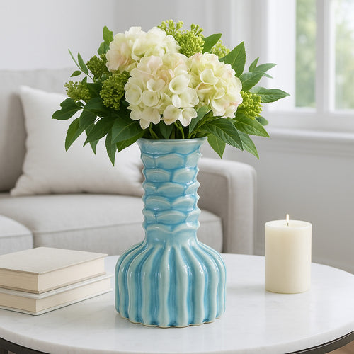Decorative Vase | 9" Tall Coastal Ribbed Design | Glazed Blue & White