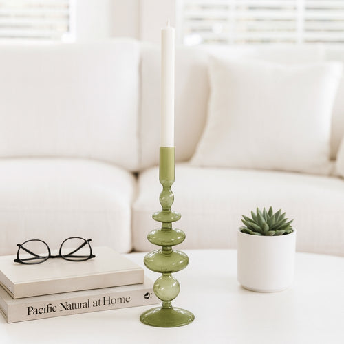 Vintage Taper Candle Holder | 11" Olive Green Rounded Bubble Glass
