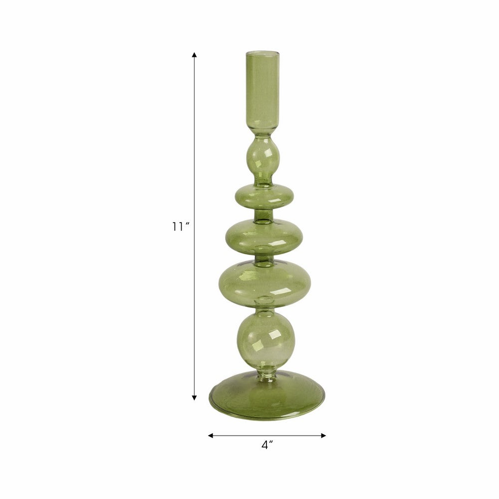 Vintage Taper Candle Holder | 11" Olive Green Rounded Bubble Glass