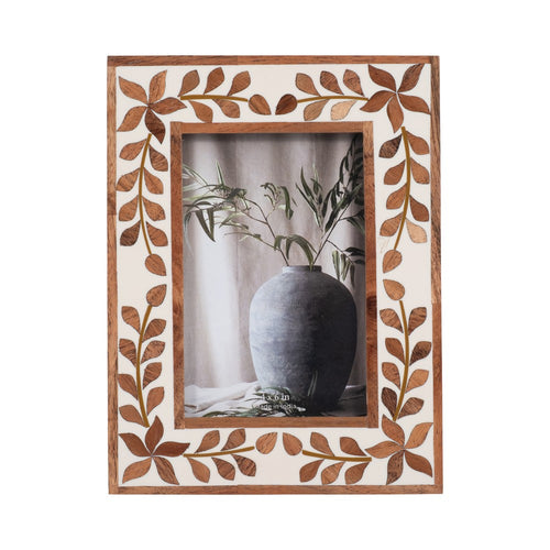 Wood Inlay Vine Frame for 5 x 7" Photo | Boho Style Brown | Ivory