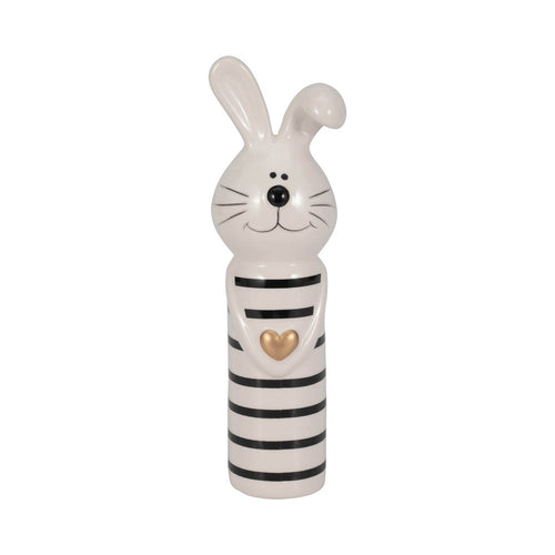 Accent Figurine | 7" Striped Bunny with Gold Heart | White Ceramic