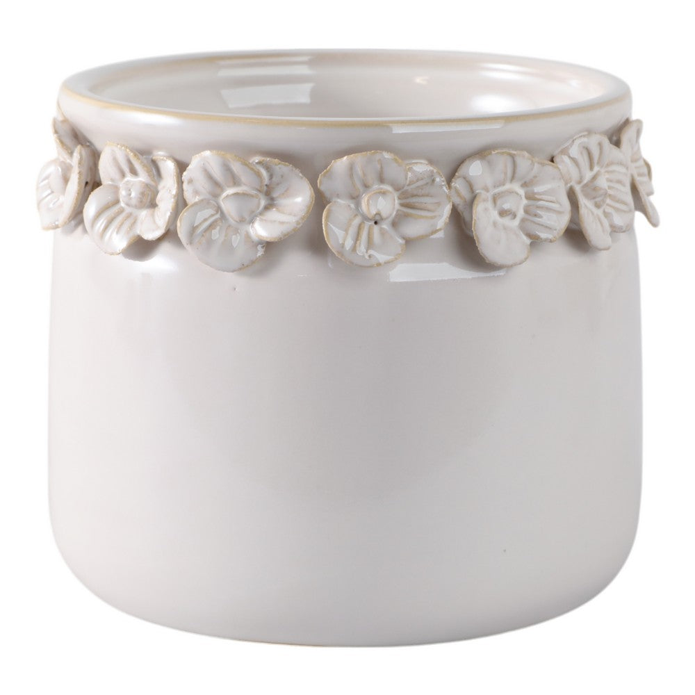 Reya Planter Pot | 3D Floral Applique Rim | Handcrafted Ivory Ceramic | 6"