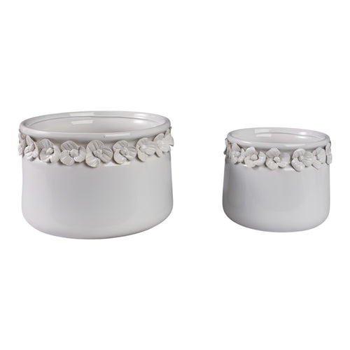Indoor Planter Pot Set of 2 | Rustic White Ceramic & Floral Applique