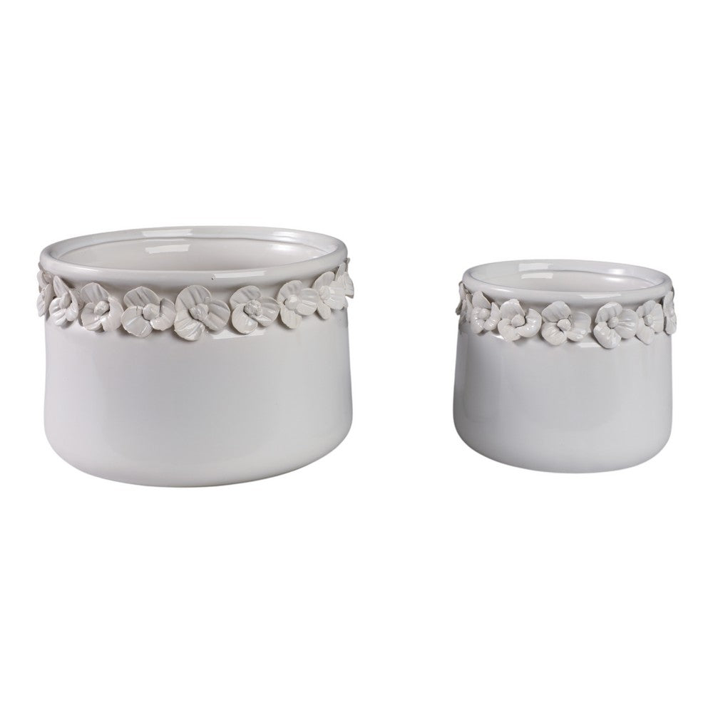 Indoor Planter Pot Set of 2 | Rustic White Ceramic & Floral Applique