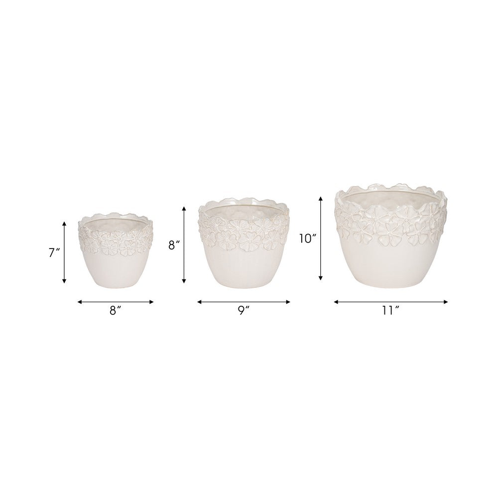 Aio Round Planters Set of 3 | Floral Crown Rim Ivory Ceramic 8 9 & 11"