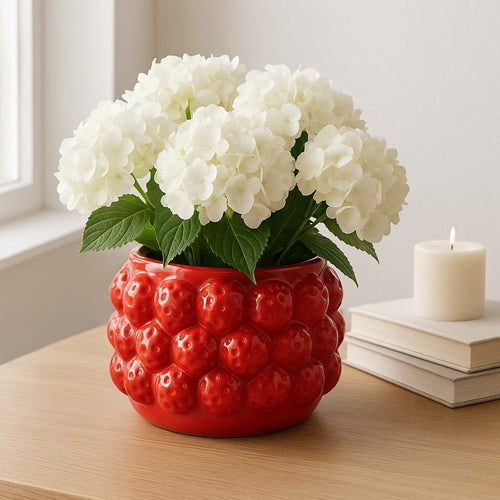 Decorative Planter Pot | 8" Strawberry Textured Design | Red Ceramic
