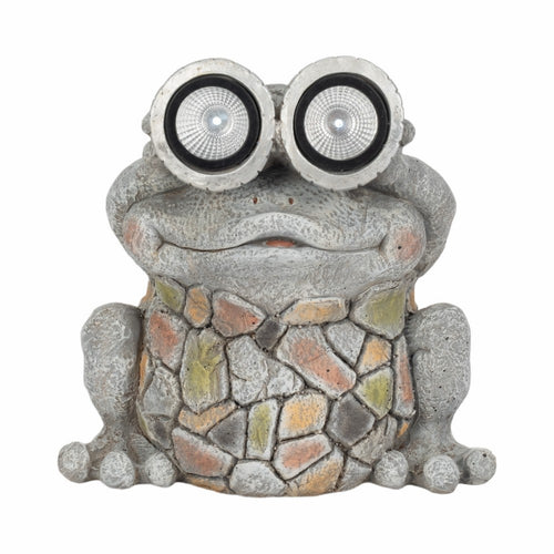 Outdoor Garden Frog Statue Wearing Solar Goggles | 12" Gray Resin