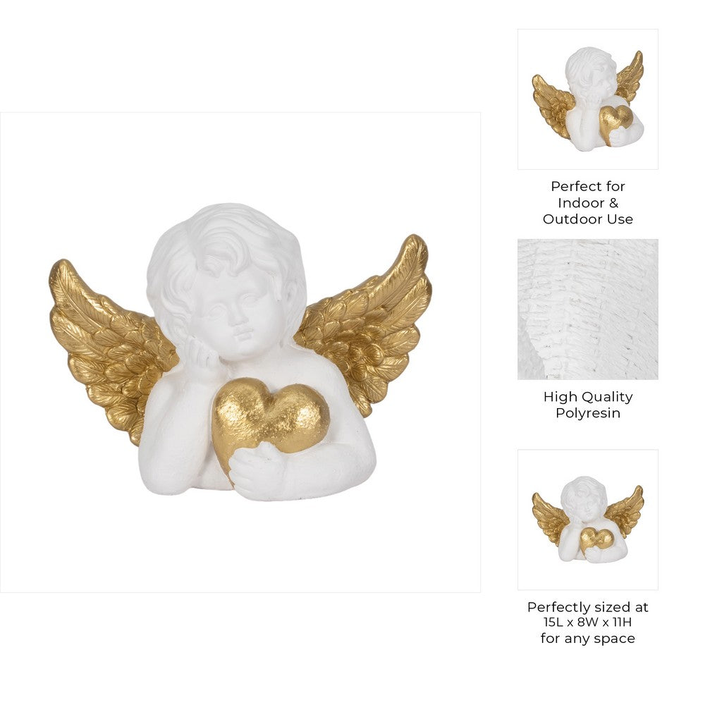 Outdoor Decorative Garden Cherub | Gold Heart & Wings | 15" White