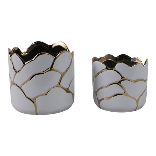 Decorative Outdoor Planter Set of 2 | Distressed White & Gold Scalloped Rim
