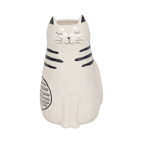 Cute Decorative Art Kitty Sculptural Vase | Black Stripes | 11" White