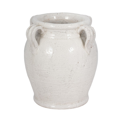 Porus Decorative Vase with Side Handles | White Crackle Terracotta 10"