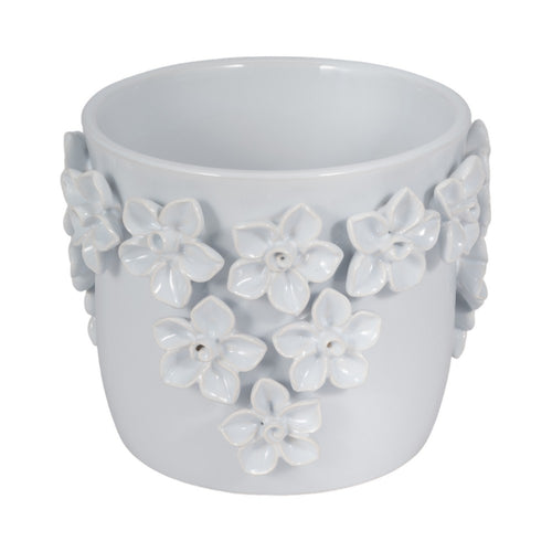 Outdoor Decorative Planter | Artful 3D Raised Floral Applique | 7" White